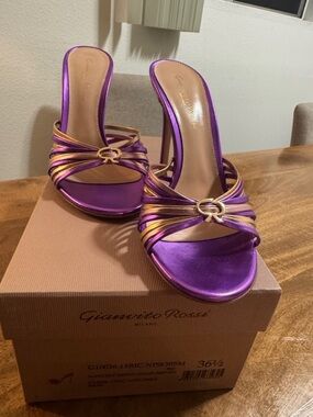 Gianvito Rossi Purple and Gold Satin Slide Heels